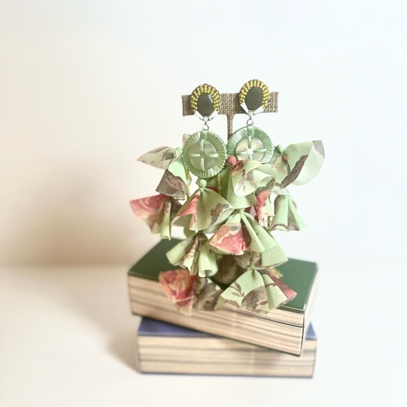 Elegant Silk Floral 6” Drop Clip On Earrings in Green and Pink - Picture 3 of 3